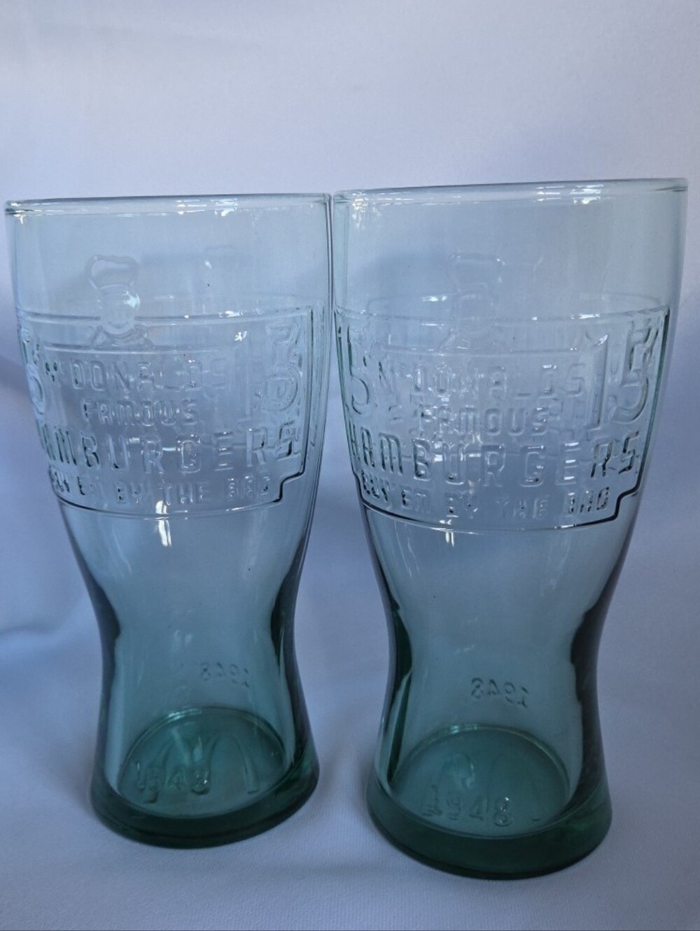 McDonald's Set Of 2 1948 15 Cent Hamburger Collectable Vintage Green Glass 6.5